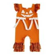 Girls Boys Onesie Cute Ruffled Fly Sleeve Square Collar Bowknot Pumpkin Halloween Jumpsuit Infant Leisure Outdoor One-Pieces,Orange,6-12 Months